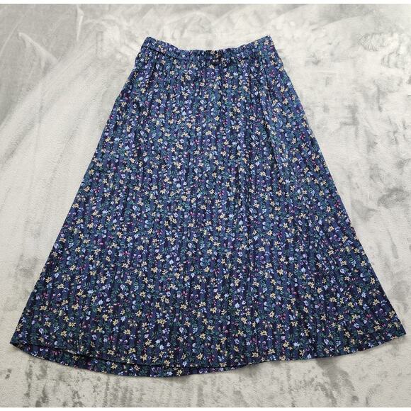 Vintage 80s Lucia Midi Skirt Size 12 Blue Floral Pleated Rayon Cottagecore - Picture 2 of 8